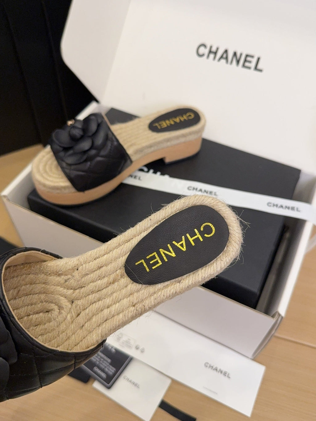 CC 25 Camellia 40 Mule Black Leather and Espadrilles Mix Wood Sole 277720