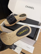 CC 25 Camellia 40 Mule Black Leather and Espadrilles Mix Wood Sole 277720