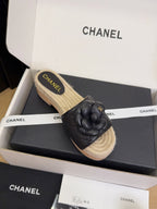 CC 25 Camellia 40 Mule Black Leather and Espadrilles Mix Wood Sole 277720