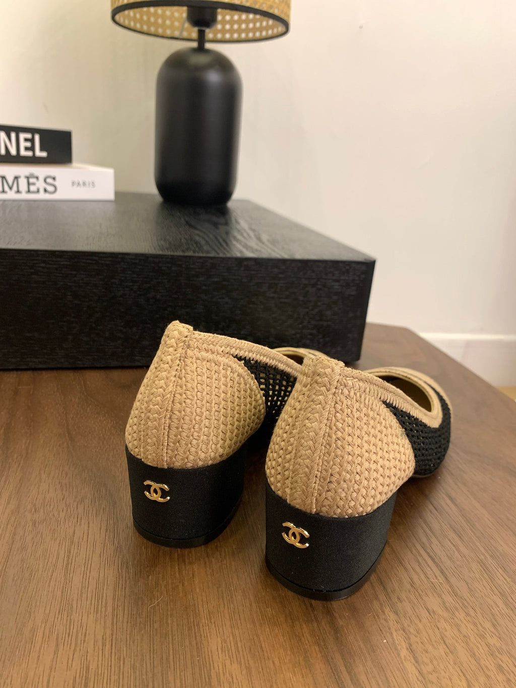 cc 25 ballet flat 50mm beige black raffia 288817