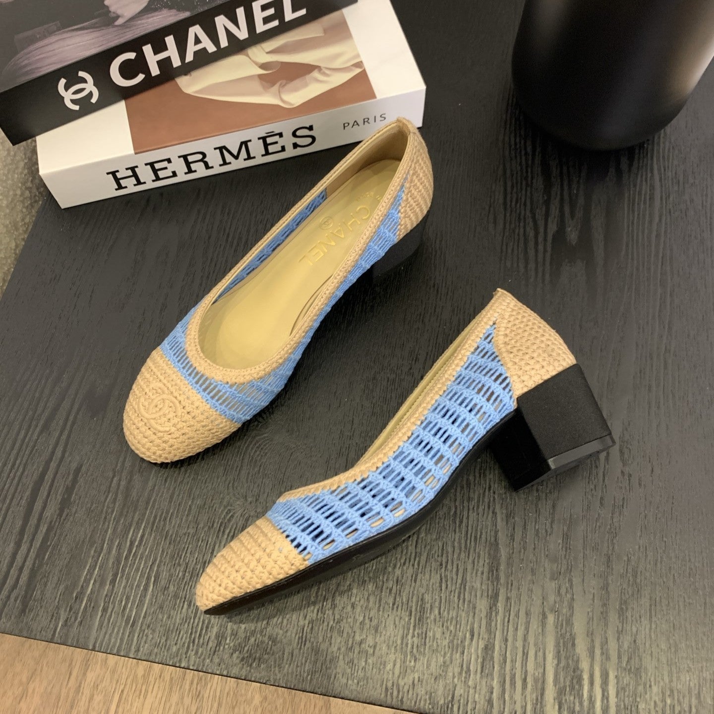 cc 25 ballet flat 50mm beige sky blue raffia 288819