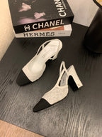 CC 25 Sandal Heel 85mm White Fabric Black Grosgrain