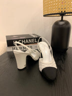 CC 25 Sandal Heel 85mm White Fabric Black Grosgrain