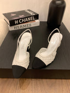 CC 25 Sandal Heel 85mm White Fabric Black Grosgrain