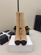 CC 26 Wedge Boot With Quilted Camellia Pattern Beige Black Fabric 589114