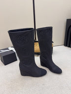 CC 26 Wedge Boot With Quilted Camellia Pattern Black Fabric 588892