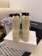 CC 26 Quilted Lace-up Boot Cream Black Suede Calfskin