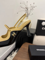 CC 26FW Slingback 7.5cm Black Beige Lambskin Patent Leather 676114
