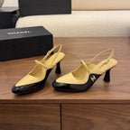 CC 26FW Slingback 7.5cm Black Beige Lambskin Patent Leather 676114
