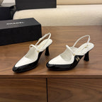 CC 26FW Slingback 7.5cm Black White Lambskin Patent Leather 676116