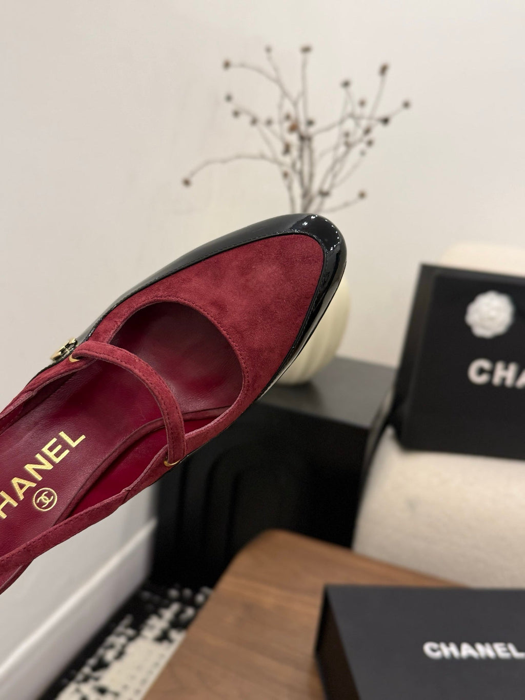 CC 26FW Slingback 7.5cm Red Black Suede Patent Leather 676119