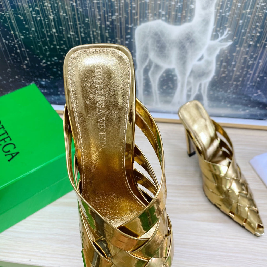 BV Alfie Leather High Mules Gold Woven Calfskin