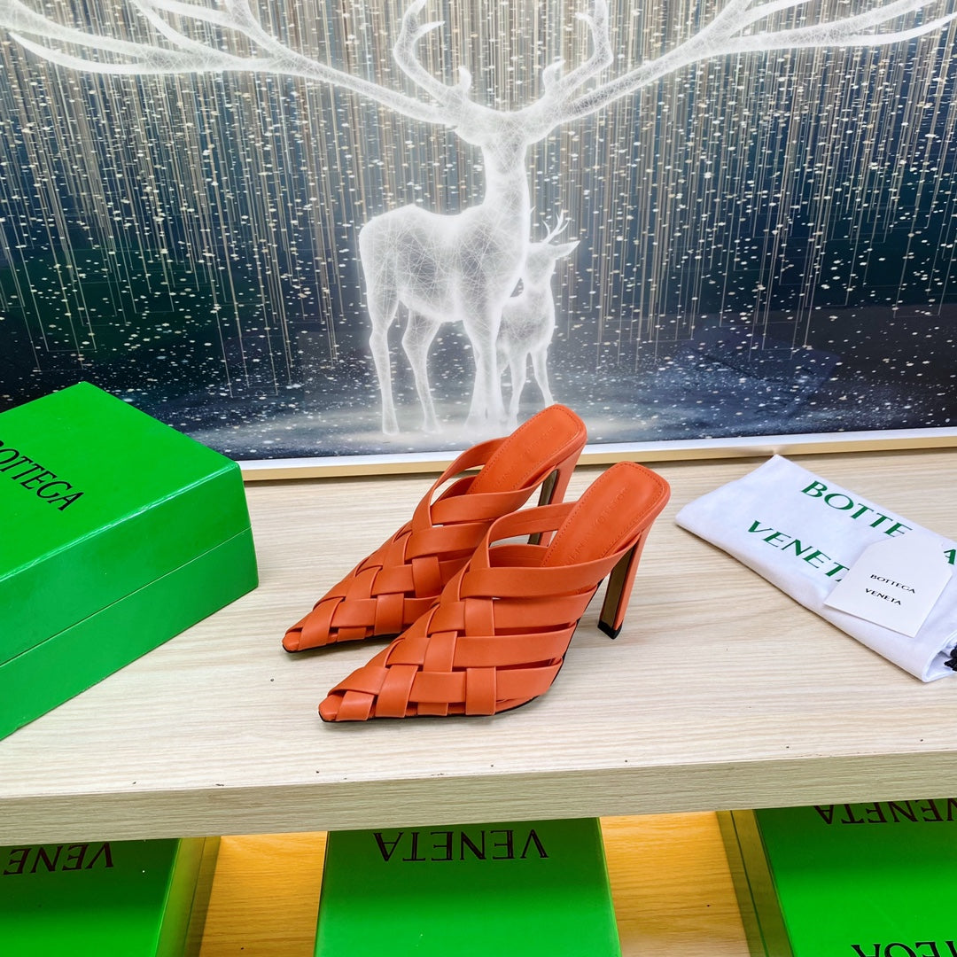 BV 26s Alfie High Mules 90mm Vivid Orange Woven Calfskin