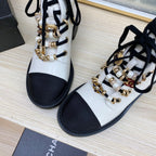 CC COMBAT BOOTS IN WHITE WRINKLED CALFSKIN AND BLACK GROSGRAIN WITH FAUX PEARL