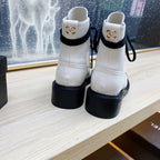 CC COMBAT BOOTS IN WHITE WRINKLED CALFSKIN AND BLACK GROSGRAIN WITH FAUX PEARL