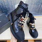 CC COMBAT BOOTS IN BLACK WRINKLED CALFSKIN AND GROSGRAIN WITH FAUX PEARL