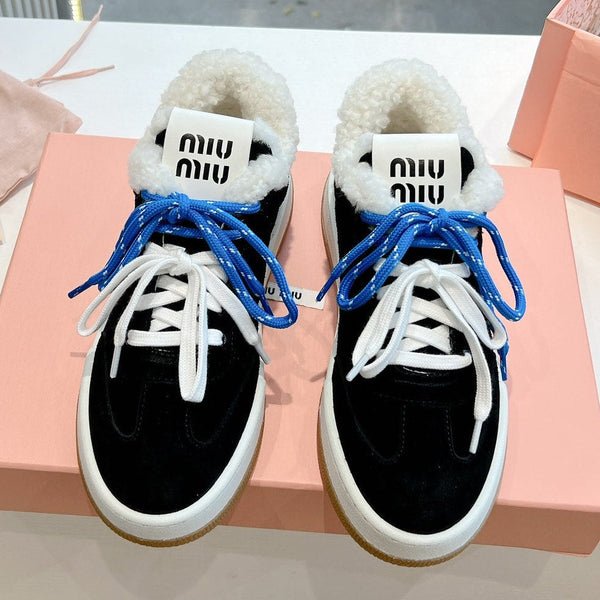 Miumiu 25 Platform Sneakers Black Blue Suede Wool 549099