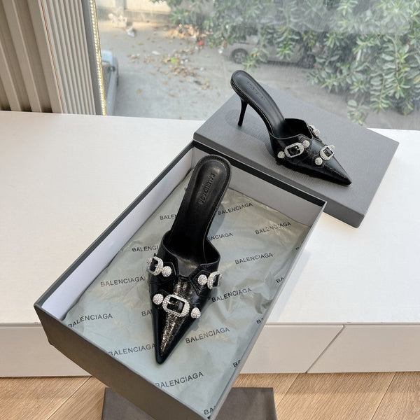 CRYSTAL BUCKLE BLACK WAX-OIL SHEEPSKIN HEELED MULES