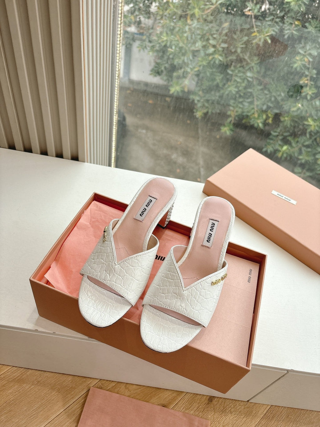 Miu White Croc Embossed Slide Sandals with Embellished Heel 223916