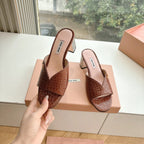 Miu Brown Croc Embossed Slide Sandals with Embellished Heel 223917