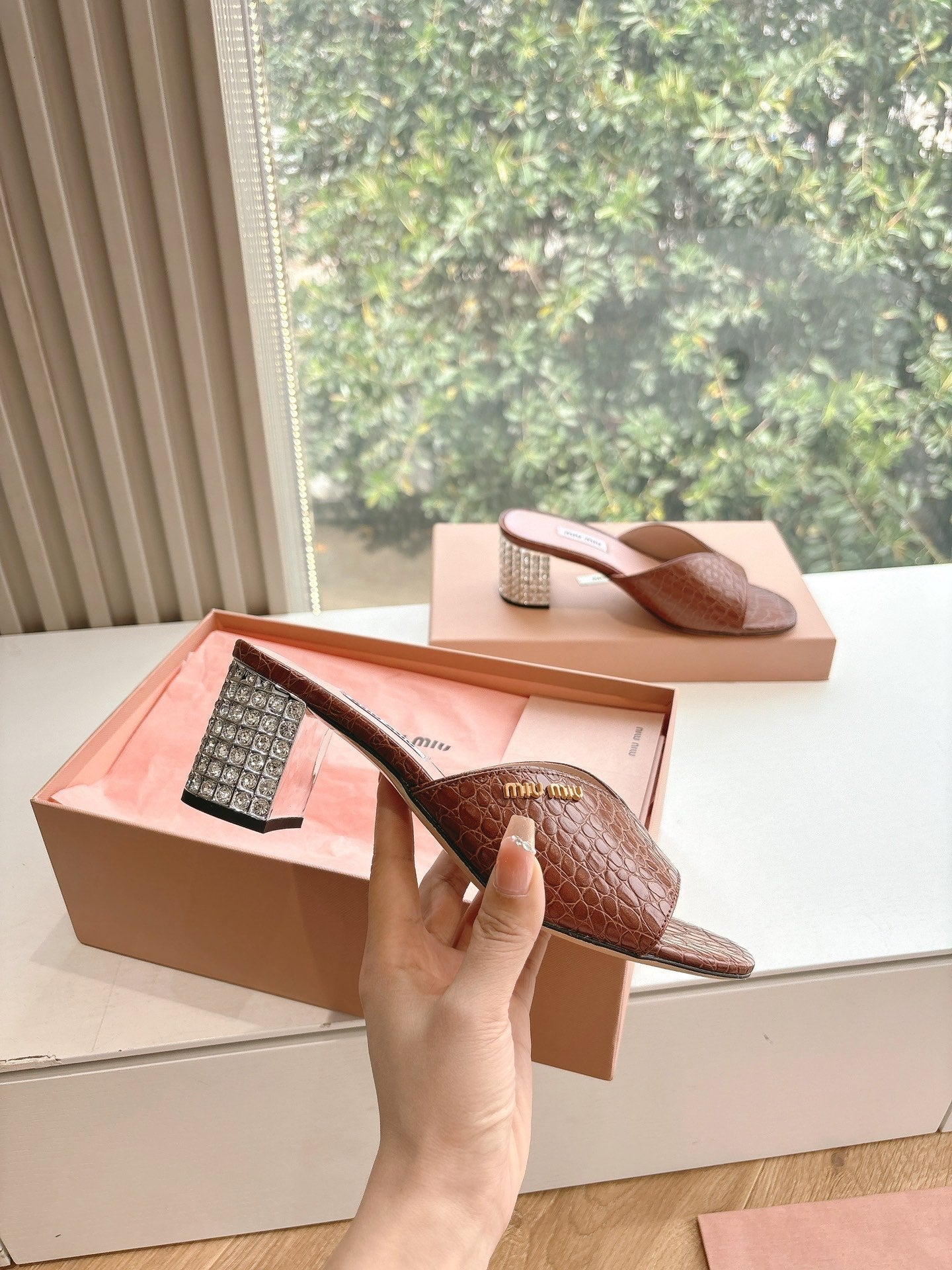 Miu Brown Croc Embossed Slide Sandals with Embellished Heel 223917