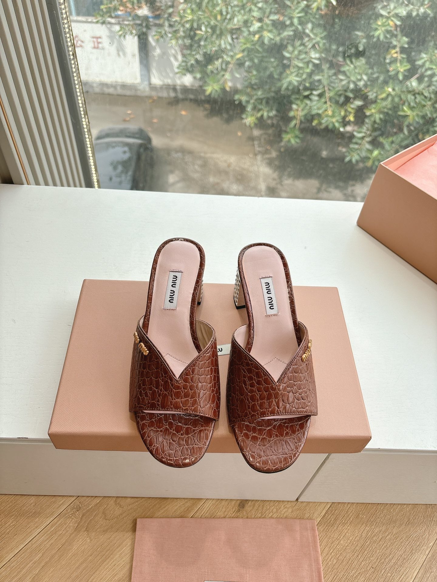 Miu Brown Croc Embossed Slide Sandals with Embellished Heel 223917