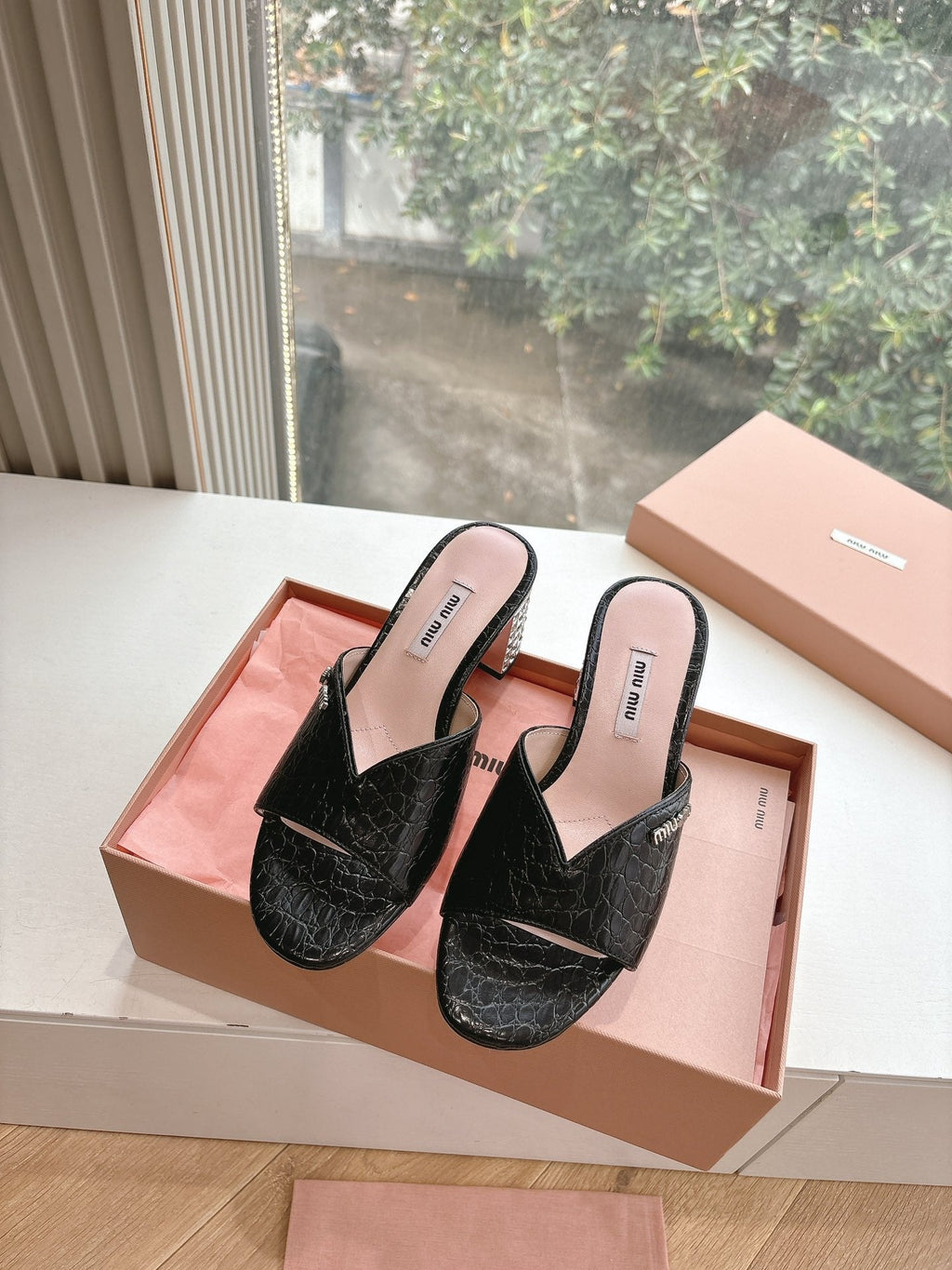 Miu Miu Black Croc Embossed Slide Sandals with Embellished Heel 223920