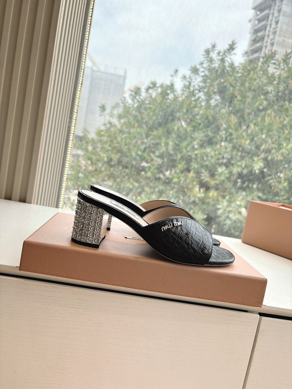 Miu Miu Black Croc Embossed Slide Sandals with Embellished Heel 223920