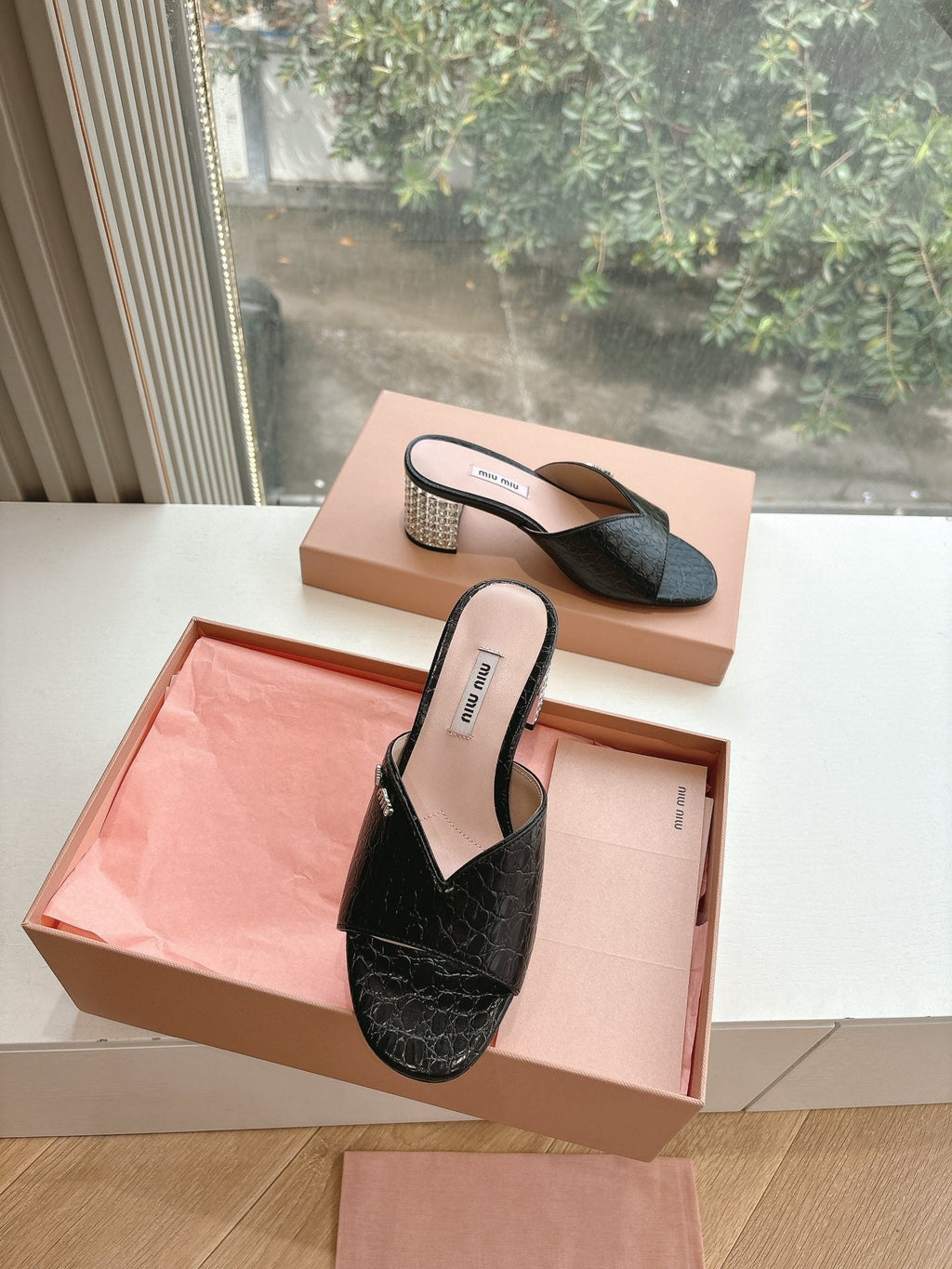 Miu Miu Black Croc Embossed Slide Sandals with Embellished Heel 223920