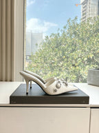 CRYSTAL BUCKLE WHITE CALFSKIN HEELED MULES