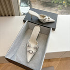 CRYSTAL BUCKLE WHITE CALFSKIN HEELED MULES