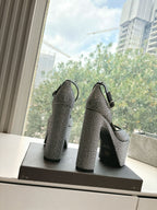 PLATFORM ANKLE STRAP HEELS IN BLACK ATTACHED RHINESTONES CALFSKIN