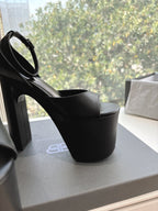 PLATFORM ANKLE STRAP HEELS IN BLACK SMOOTH CALFSKIN