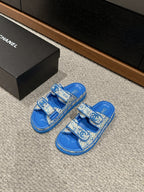 dad sandal mule beige raffia blue calfskin