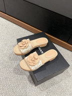 cc sandal flower white canvas beige calfskin