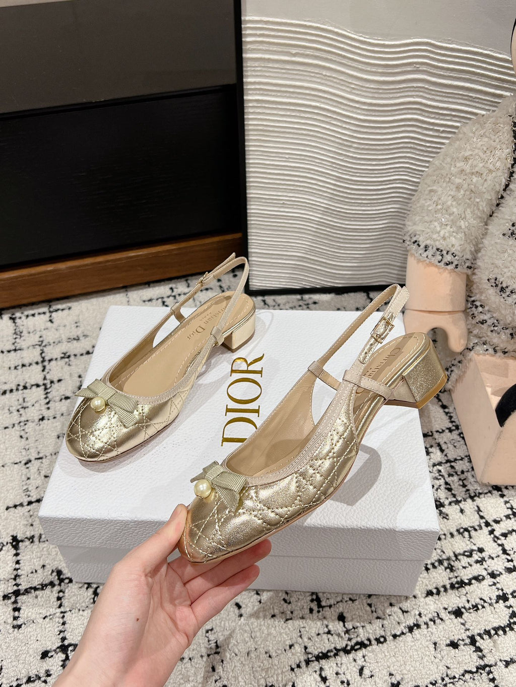 CD Ballet Slingback Pump 30mm In Gold Quilted Calfskin 997041