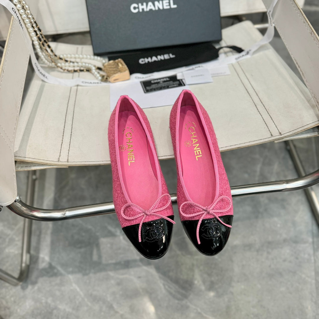 ballet flat pink tweed black patent calfskin
