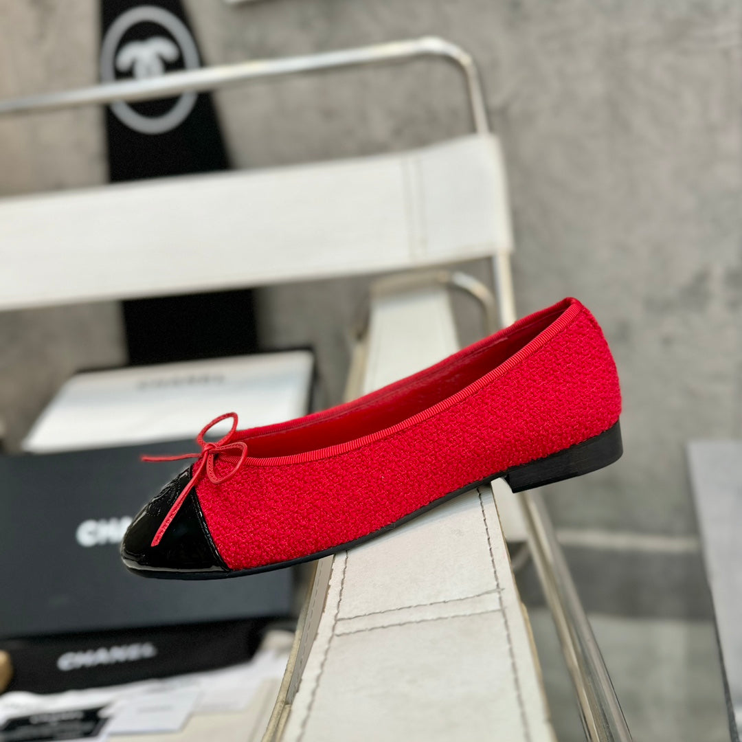 ballet flat red tweed black patent calfskin