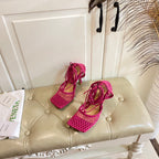 BV 26s Stretch Lace-Up Sandal 9cm Bright Pink Metallized Mesh Leather