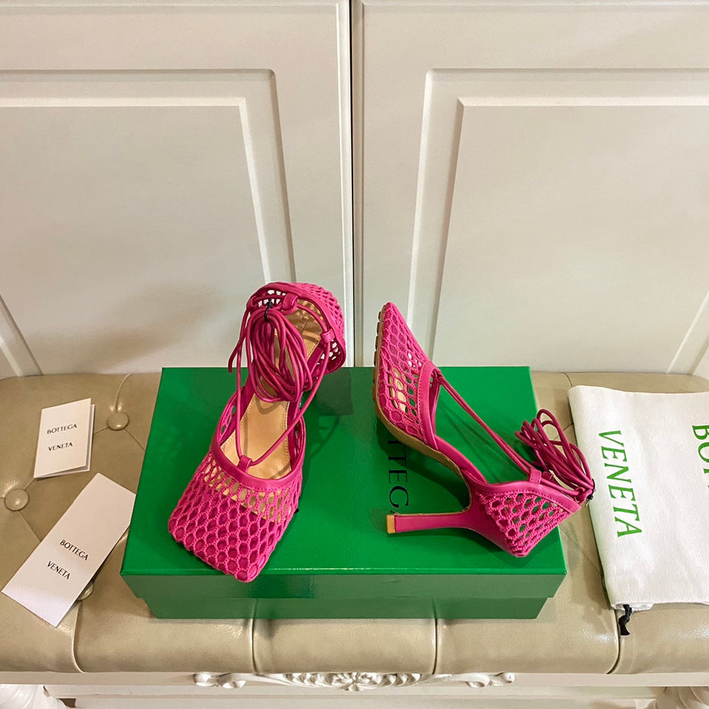 BV 26s Stretch Lace-Up Sandal 9cm Bright Pink Metallized Mesh Leather