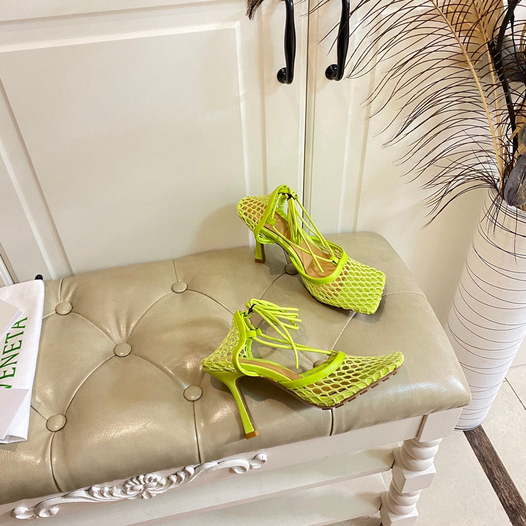 BV 26s Stretch Lace-Up Sandal 9cm Neon Green Metallized Mesh Leather