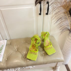 BV 26s Stretch Lace-Up Sandal 9cm Neon Green Metallized Mesh Leather