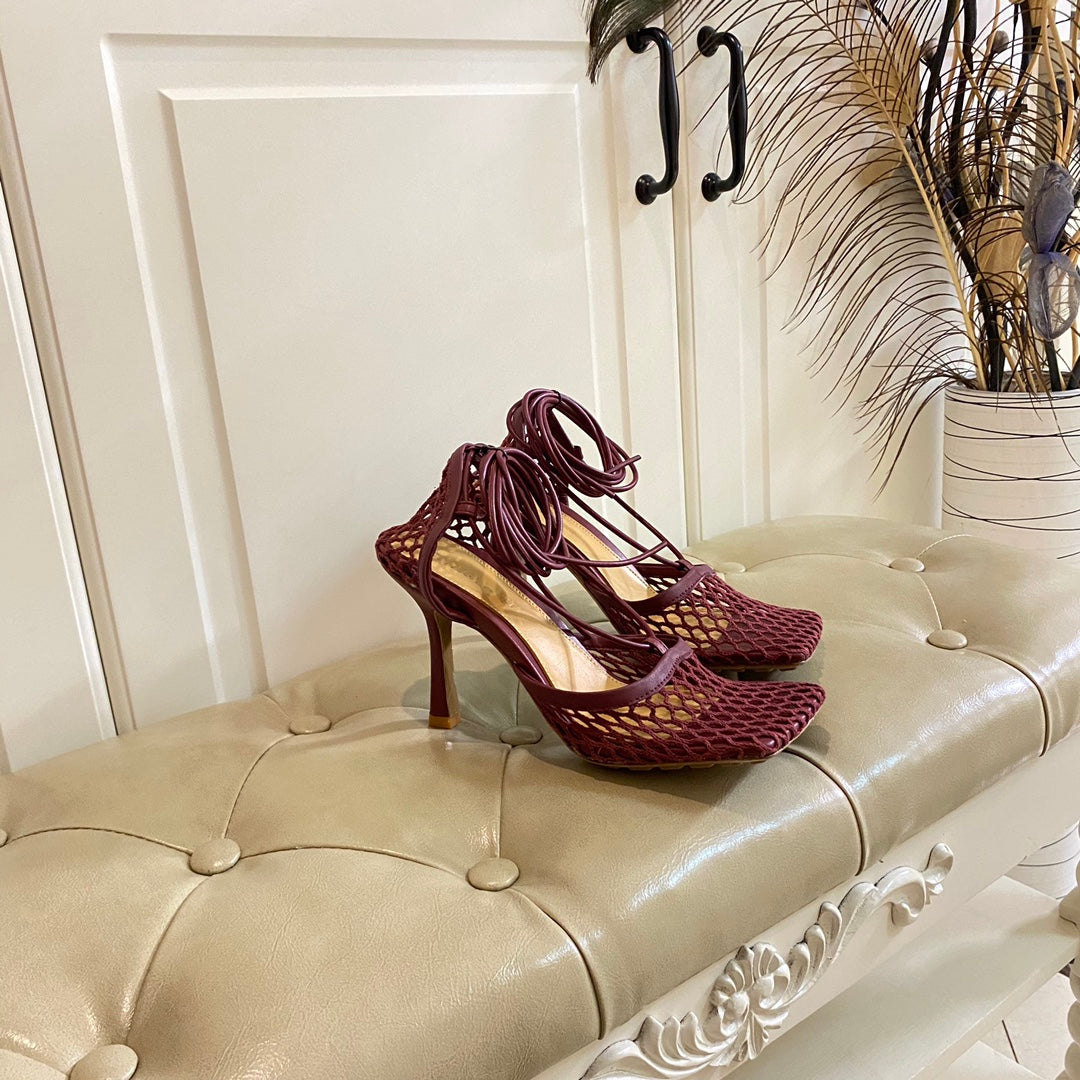 BV 26s Stretch Lace-Up Sandal 9cm Burgundy Metallized Mesh Leather