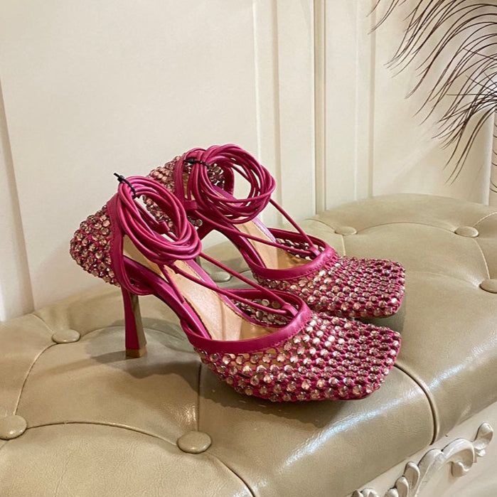 BV 26s Stretch Lace-Up Sandal 9cm Punch Pink Metallized Mesh Leather