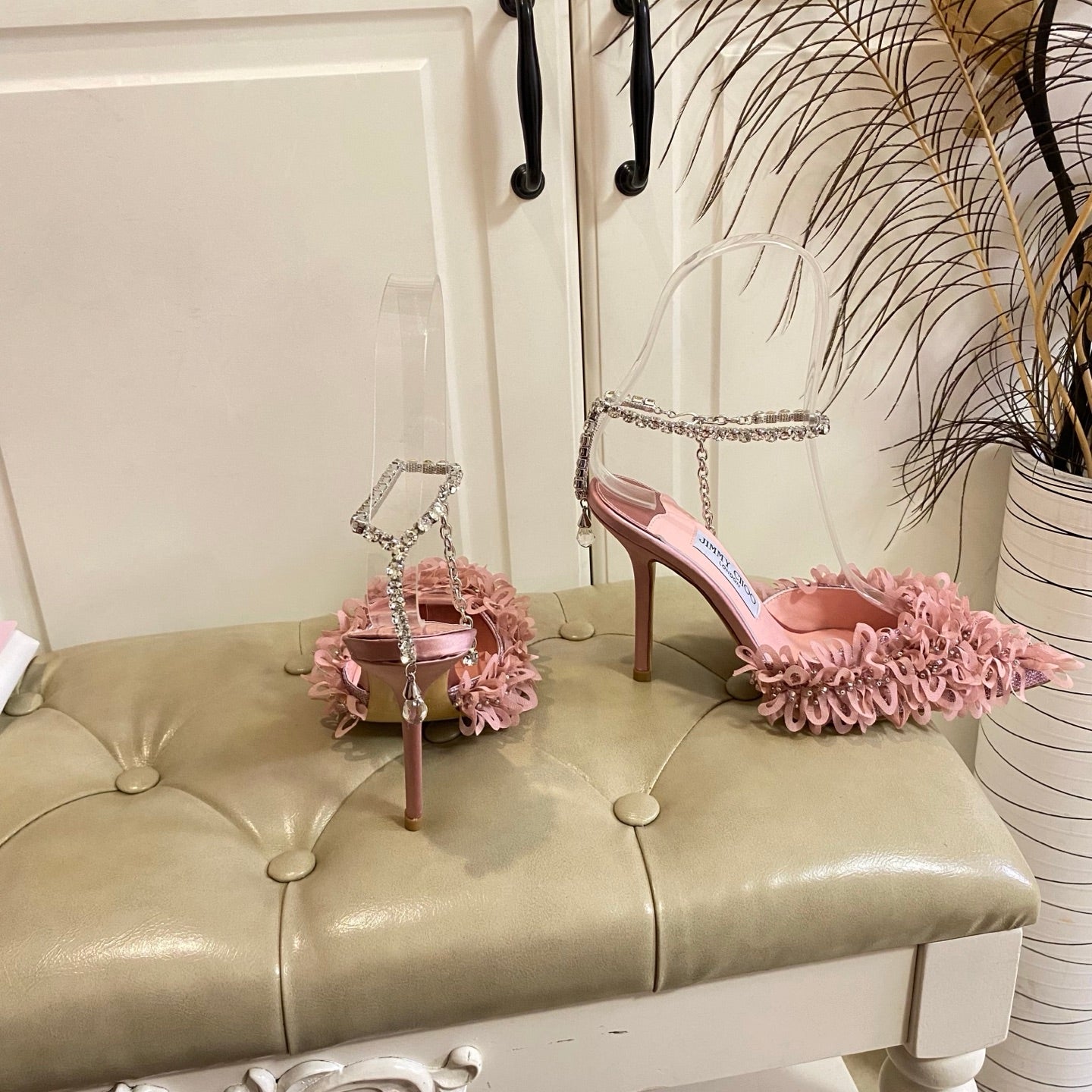 Jimmy Choo Saeda 100 Pink Lace Leather 688246