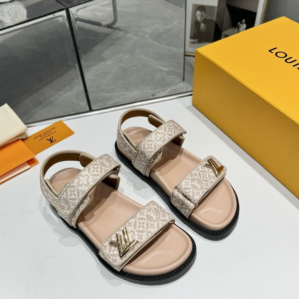 LV Sunset Flat Comfort Sandal Beige Monogram Jacquard Calfskin Cotton 626705