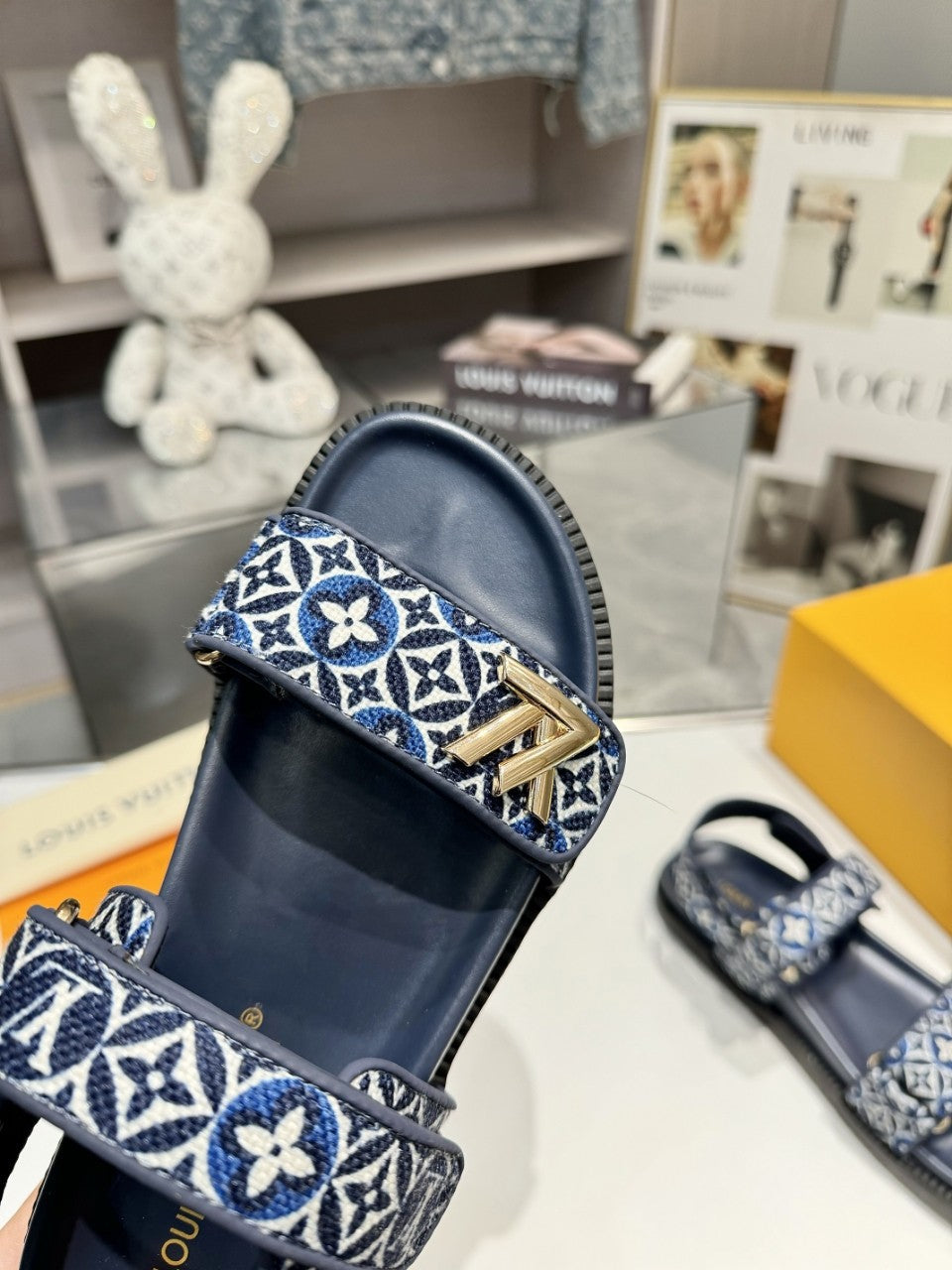 LV Sunset Flat Comfort Sandal Navy Blue Monogram Jacquard Calfskin Cotton 626706
