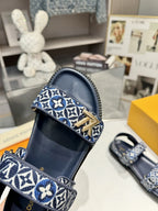 LV Sunset Flat Comfort Sandal Navy Blue Monogram Jacquard Calfskin Cotton 626706