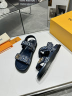 LV Sunset Flat Comfort Sandal Navy Blue Monogram Jacquard Calfskin Cotton 626706