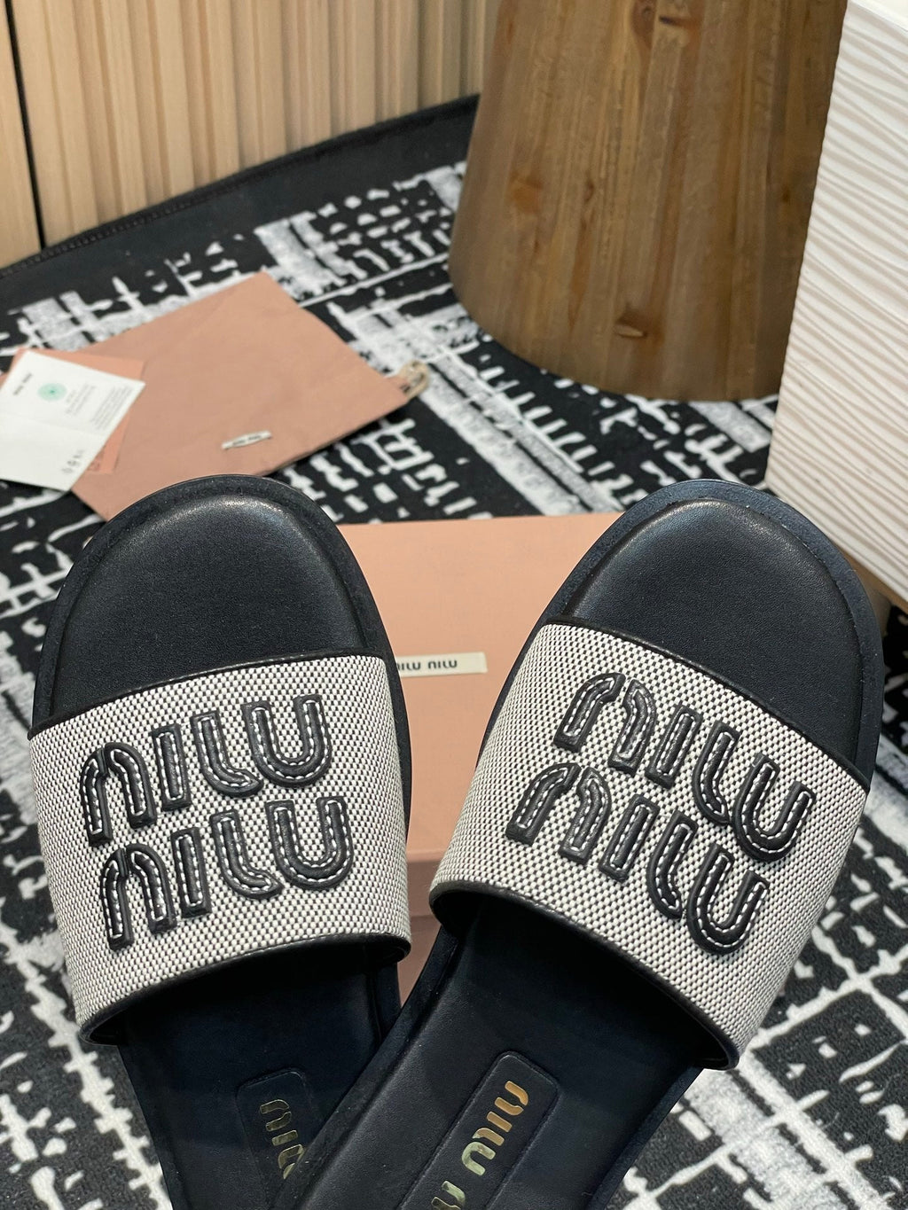 Miu 25S Beige and Black Canvas and leather slides 227133